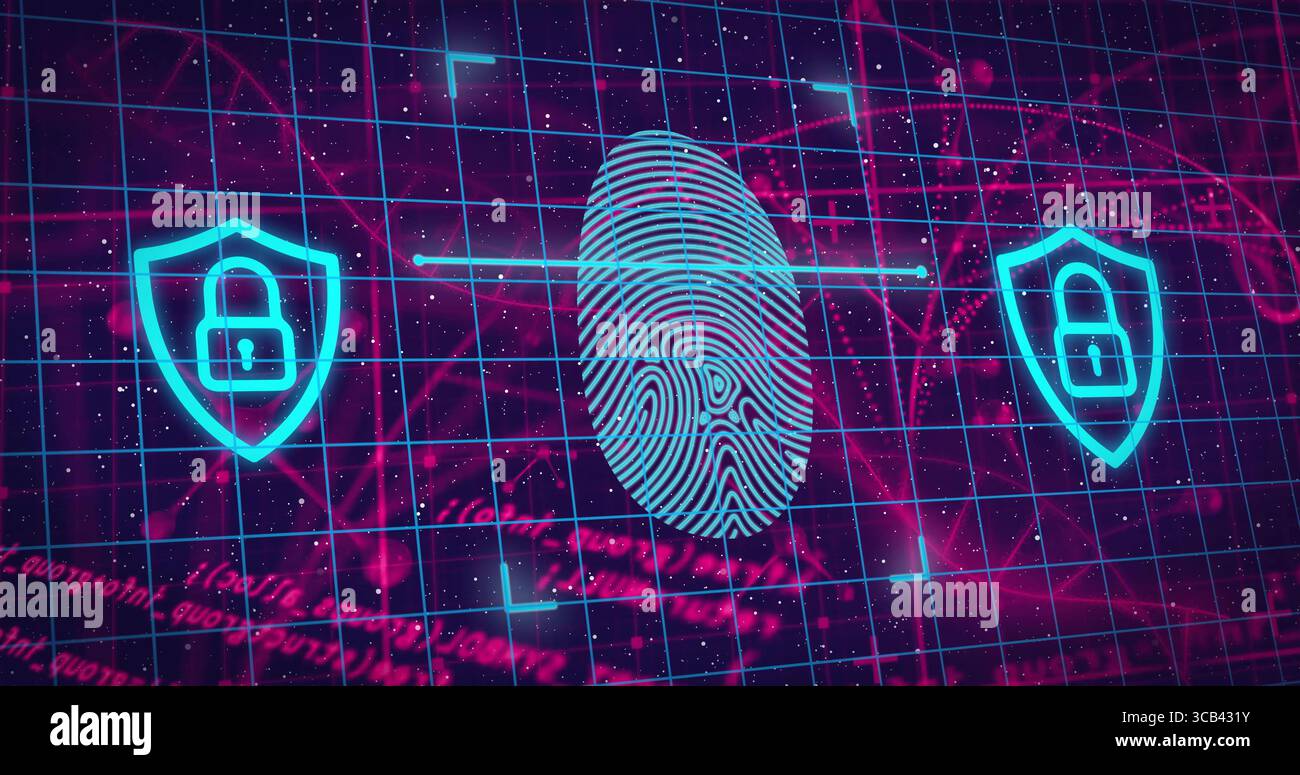 Displaying virtual security interface scanning fingerprint icon in neon grid with two shield icons Stock Photo