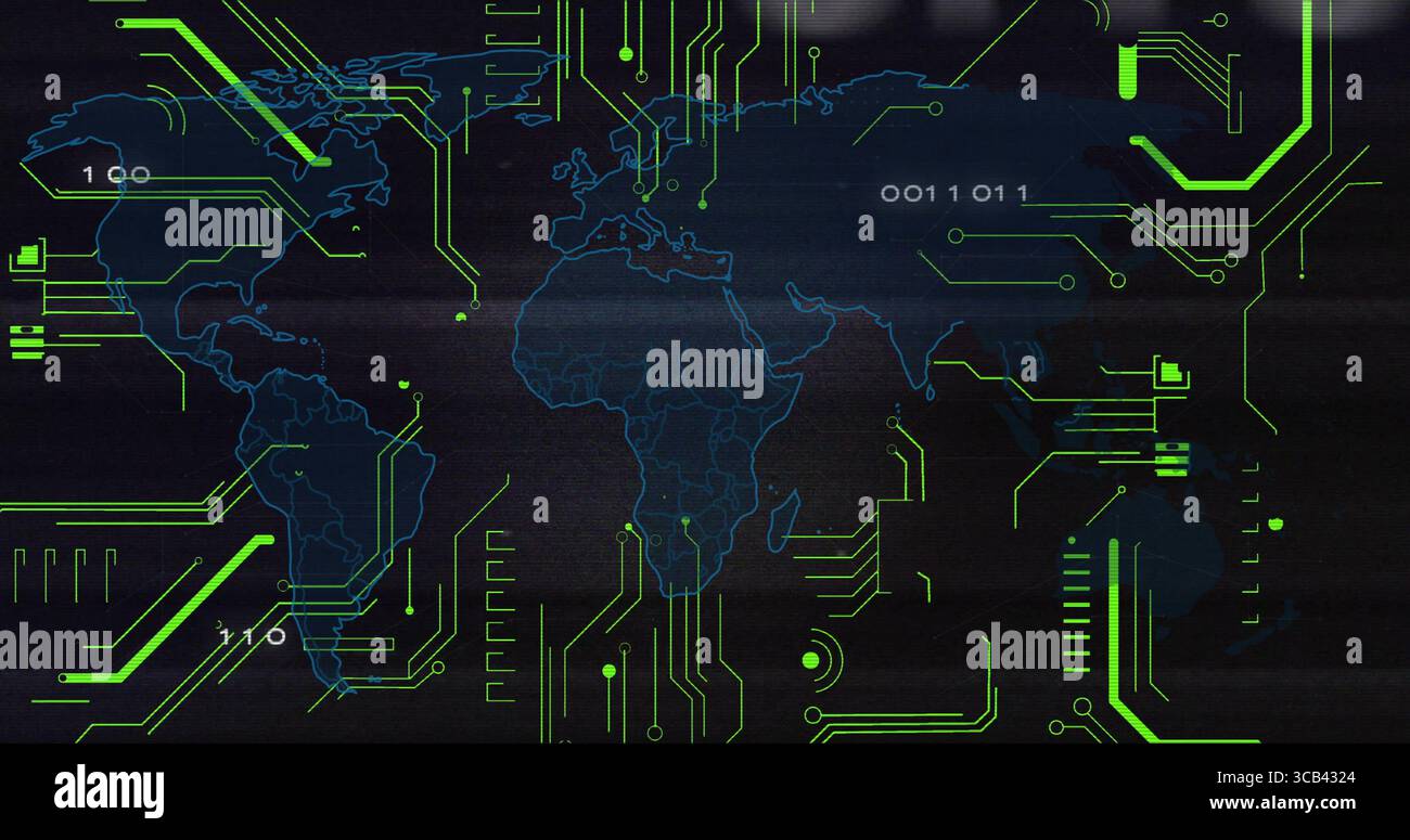 Displaying blue wireframe world map on virtual interface linking neon green circuits, binary digits Stock Photo