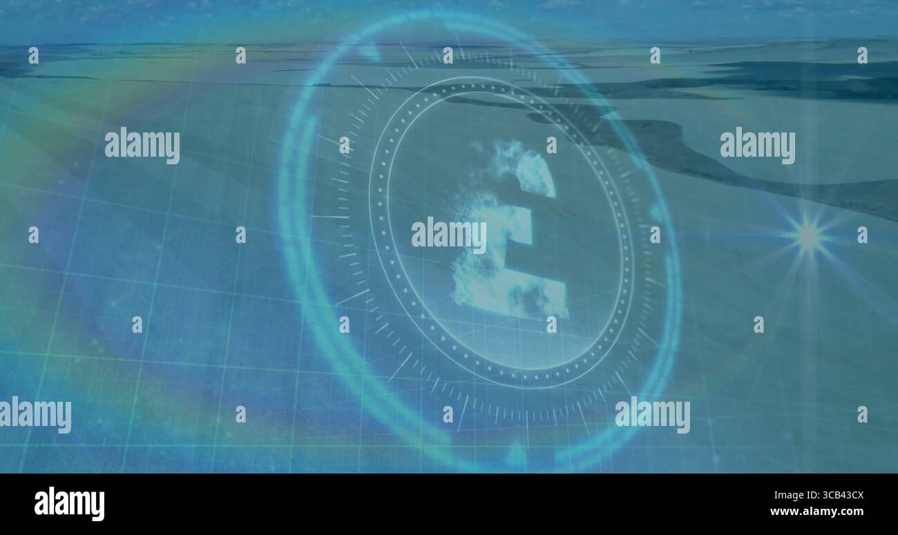 Displaying circular HUD element hovering in geospatial interface above planet grid, with lens flare Stock Photo