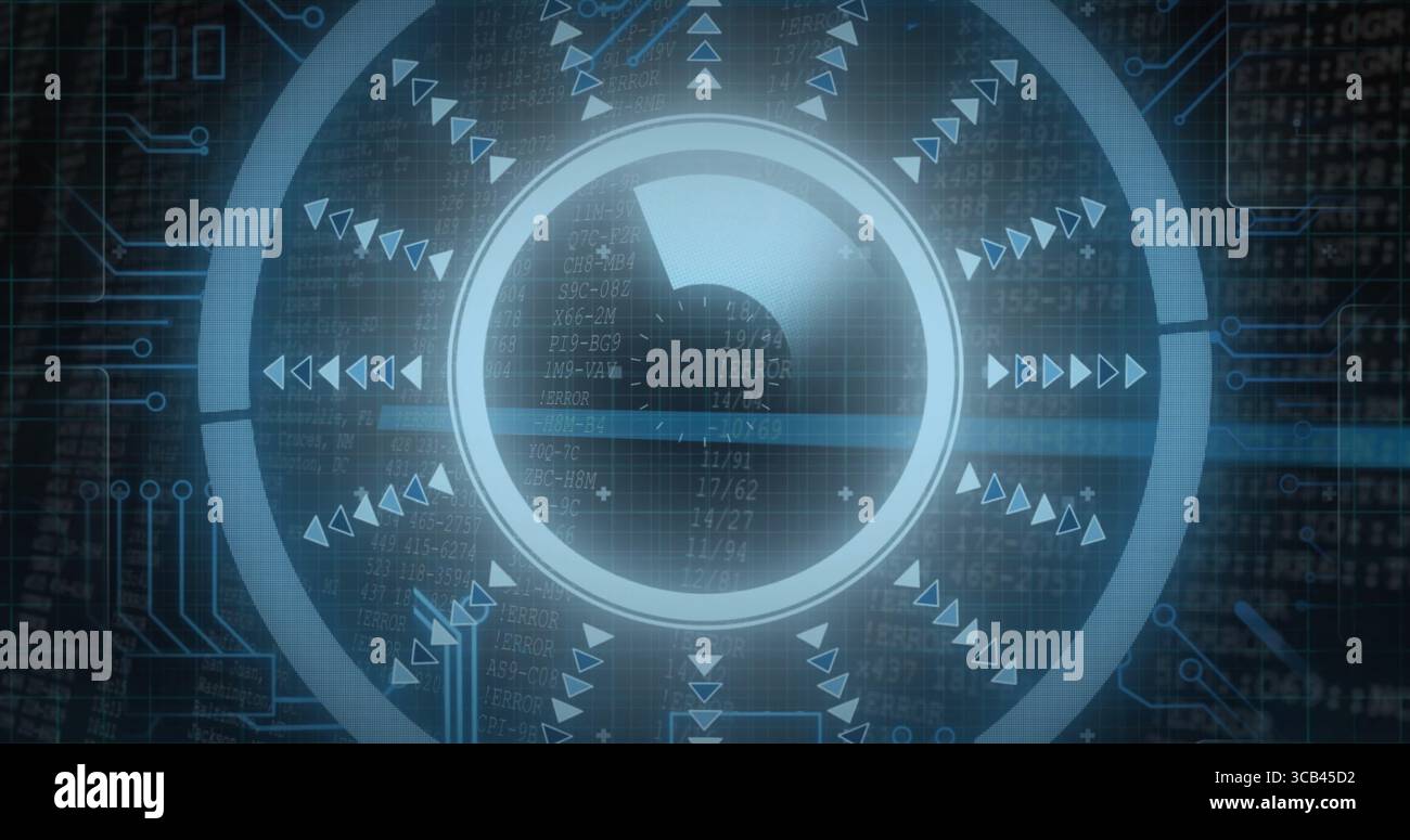 Displaying circular gauge rotating over control panel, with code overlay and arrow markers Stock Photo