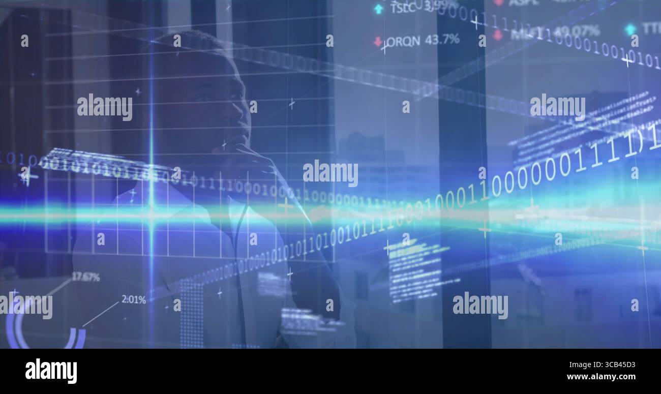 Observing executive analyzing holographic binary code on glass wall at high-rise office, copy space Stock Photo
