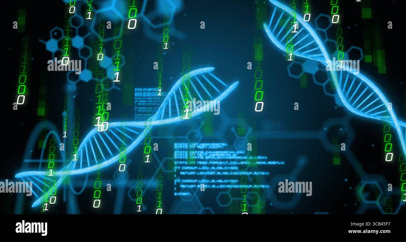 Neon-blue DNA helix floating in interface, with streaming binary digits, hex patterns, code blocks Stock Photo