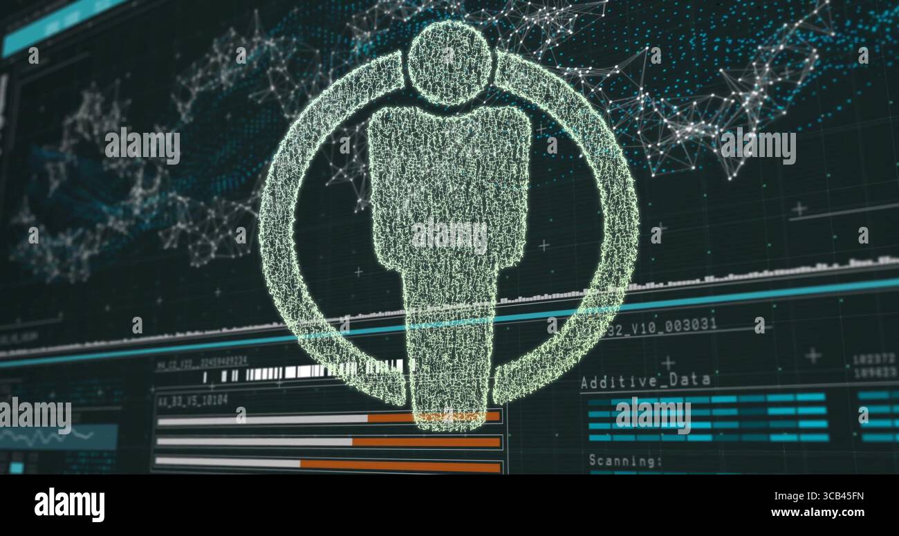Displaying glowing wireframe human silhouette in interface, with Additive_Data scanning and charts Stock Photo