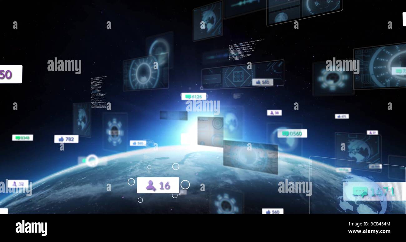 Displaying Earth globe above horizon in orbit, with floating holograms, user counts, code windows Stock Photo