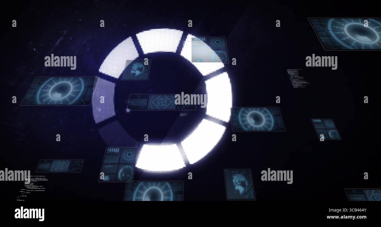 Rotating circular progress indicator in dark interface, with HUD showing charts, maps and code Stock Photo