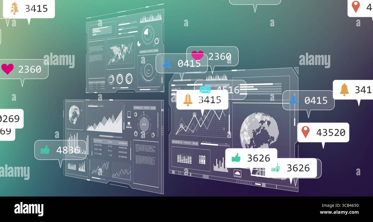 Floating screens displaying graphs, world map and notification icons in virtual interface Stock Photo