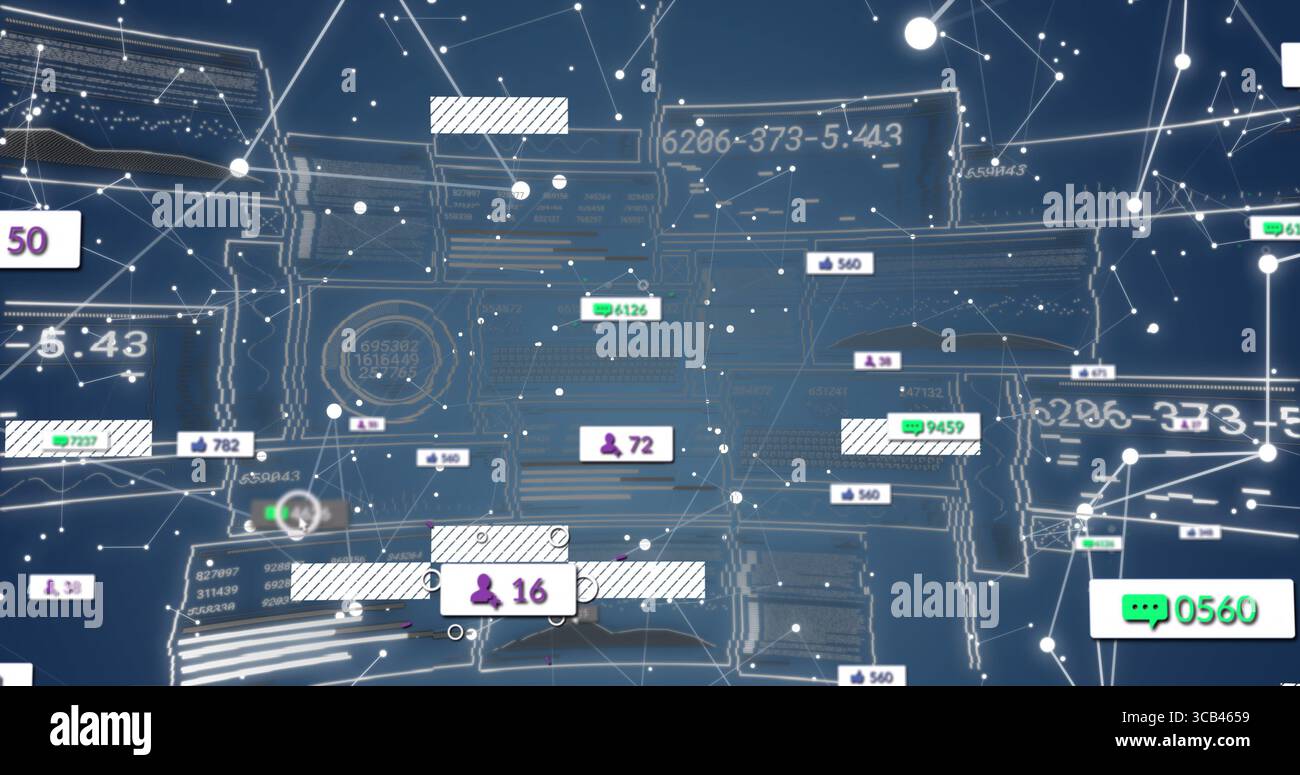 Displaying digital network view filling frame in data dashboard, with user icons, chat counters Stock Photo