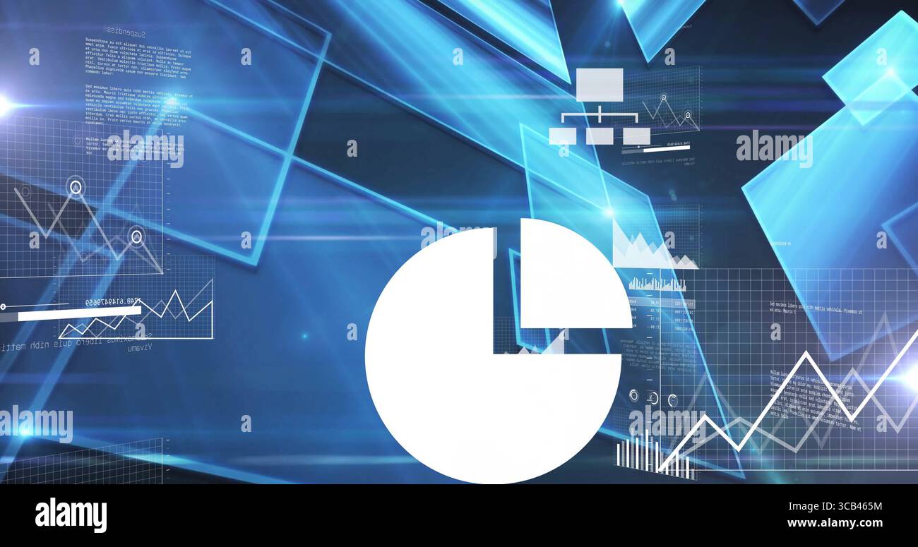 Displaying data on screen showing pie chart slice, zigzag line graph, bars and translucent panels Stock Photo