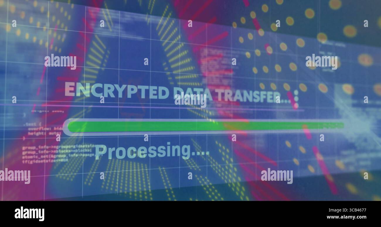 Showing encrypted data transfer message on screen, with processing text and green progress bar Stock Photo