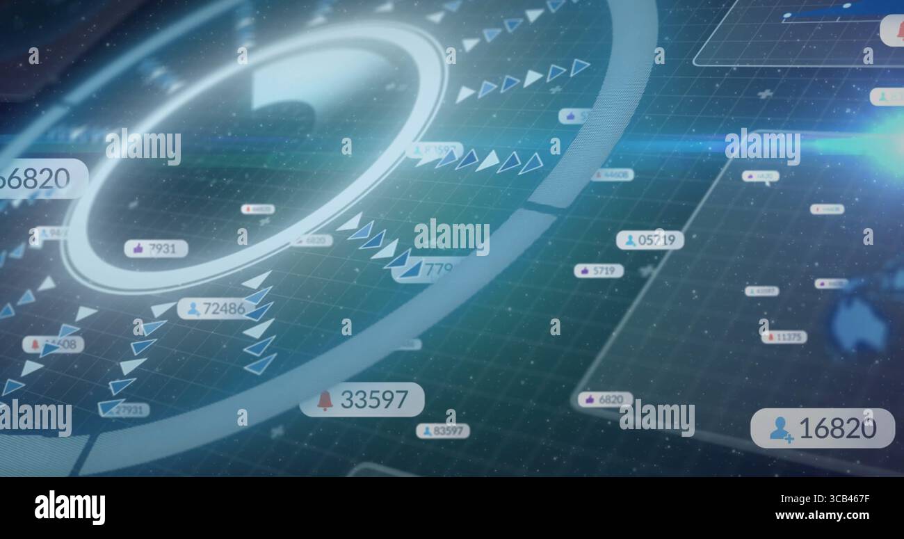 Displaying central circular HUD ring floating over virtual grid interface, with numeric data labels Stock Photo