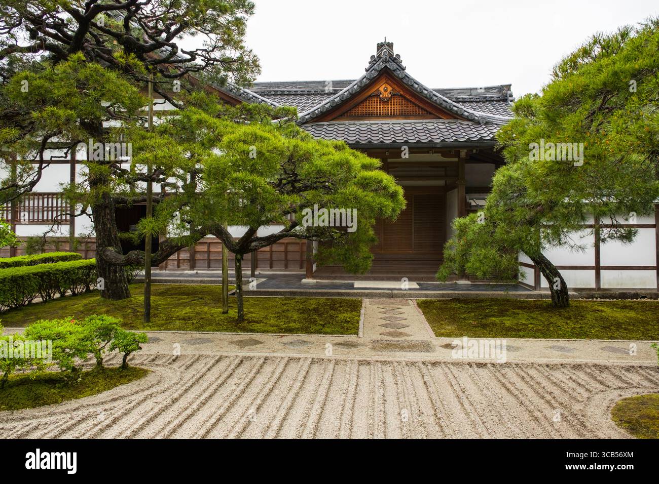 A serene Japanese Zen garden featuring meticulously raked gravel and lush green foliage at Higashiyama Jisho-ji Buddhist temple, Kyoto, Japan Stock Photo