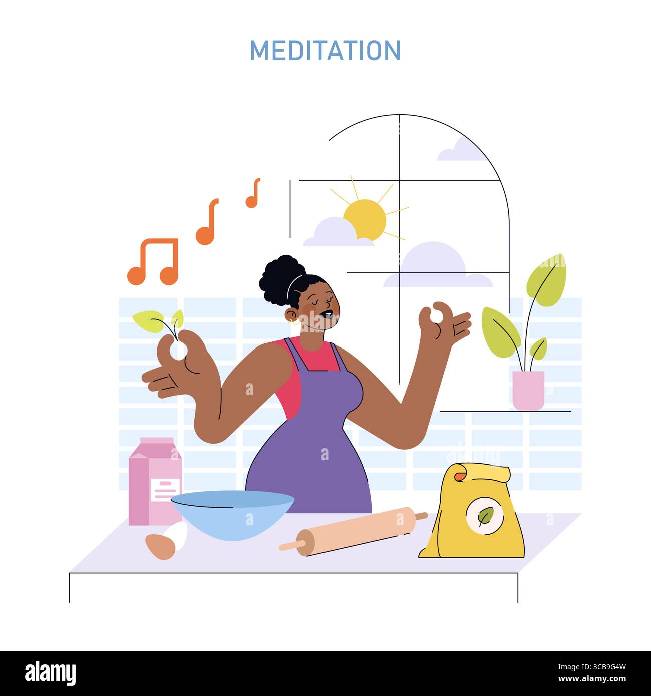 Vector illustration of a woman practicing meditation while cooking in a ...