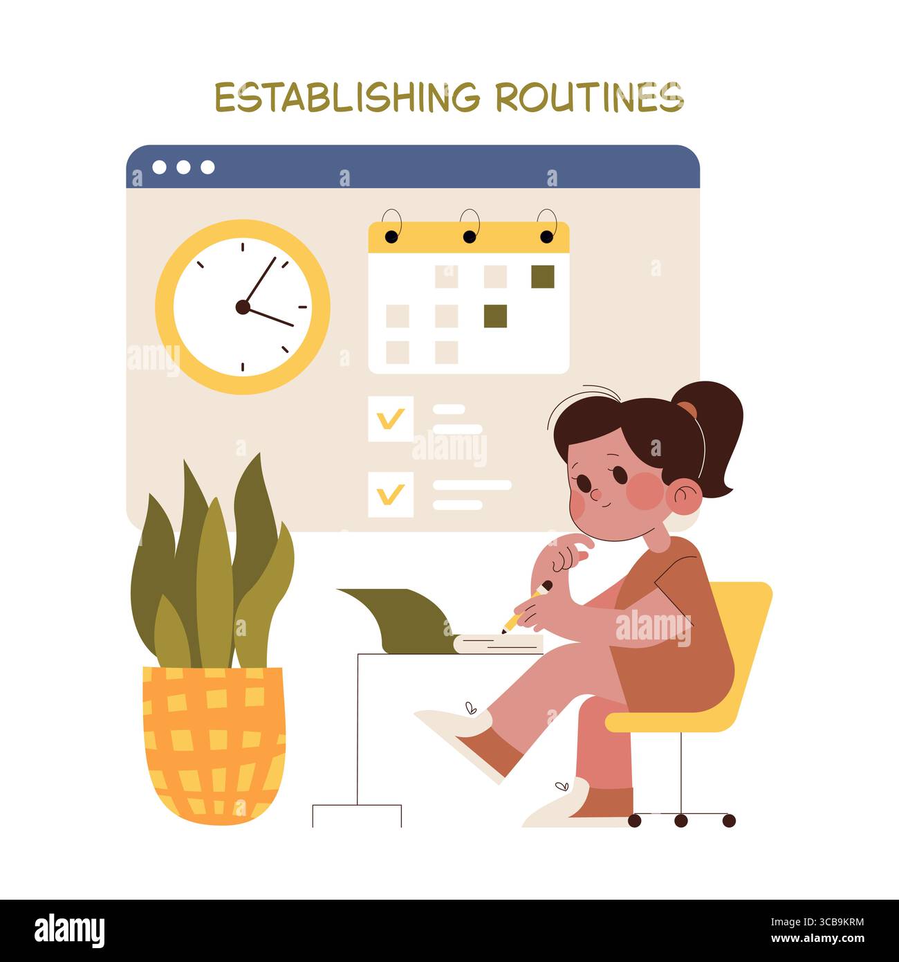 Organized cartoon vector illustration depicts a girl thoughtfully ...