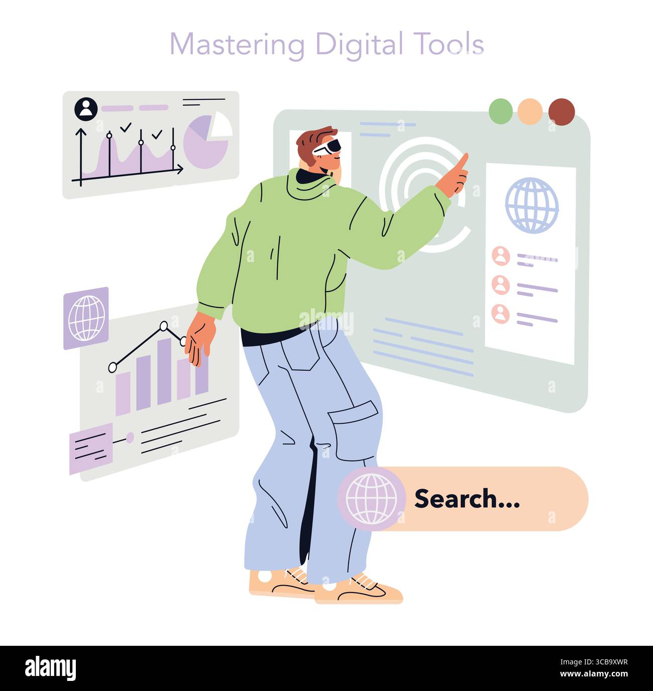 Young man using advanced digital tools for data analysis, depicted in a ...