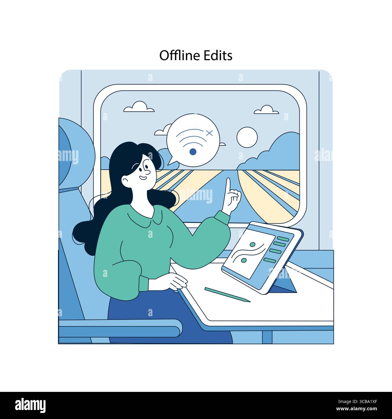 Vector illustration of a woman on a train facing an offline situation ...