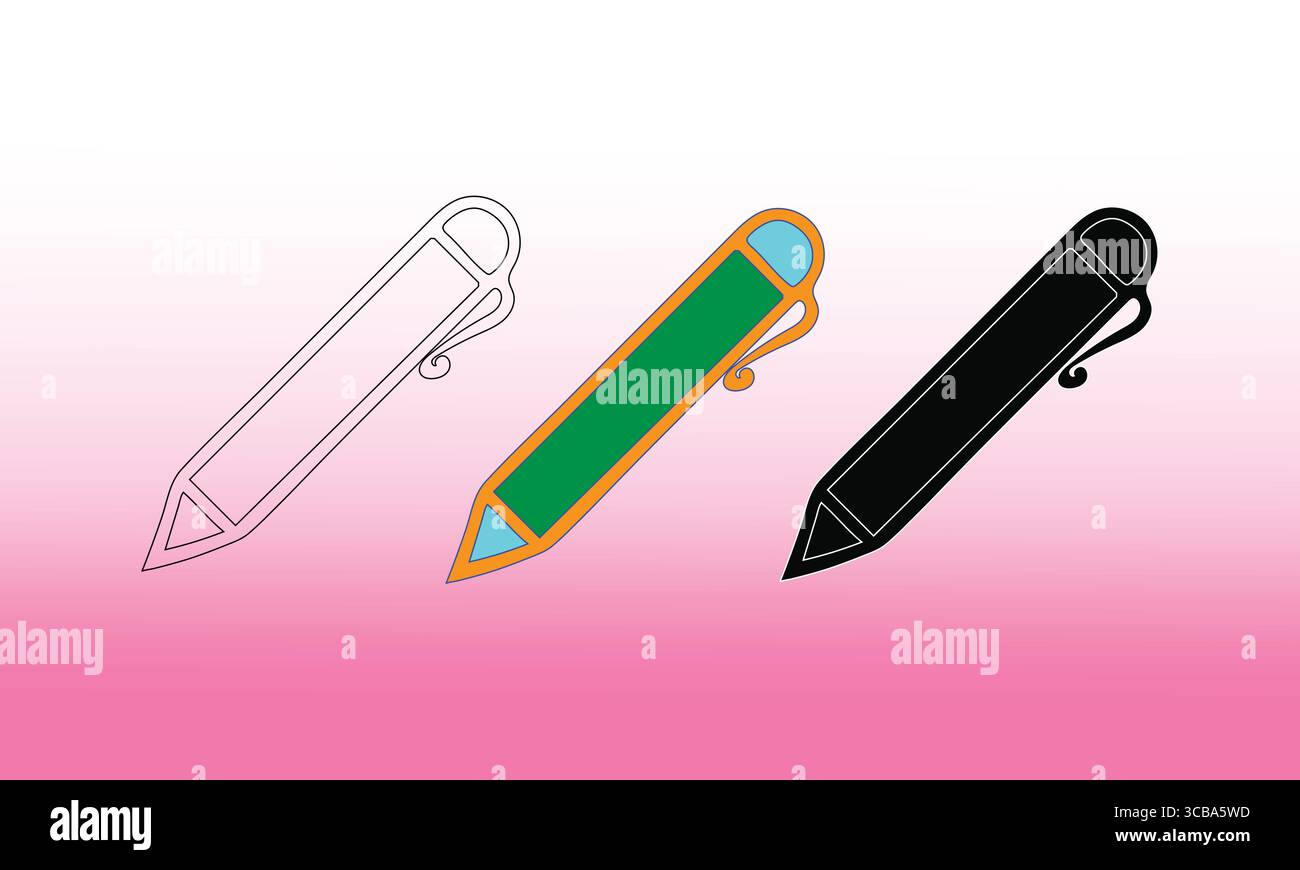Pencil Icons Outline, Colorful, and Solid Black Stock Vector
