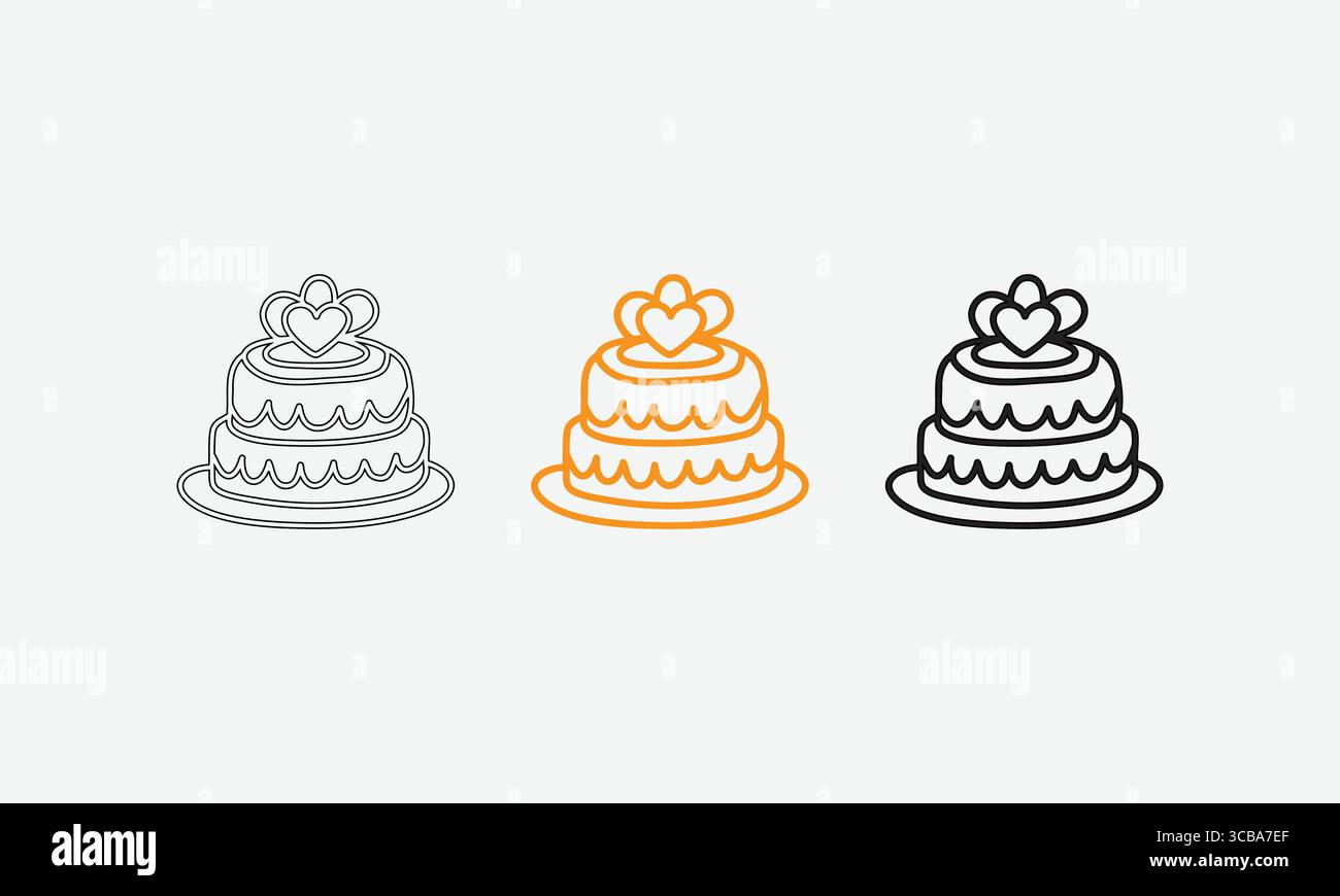 Wedding Cake Icons: Outline, Orange, and Solid Black Stock Vector