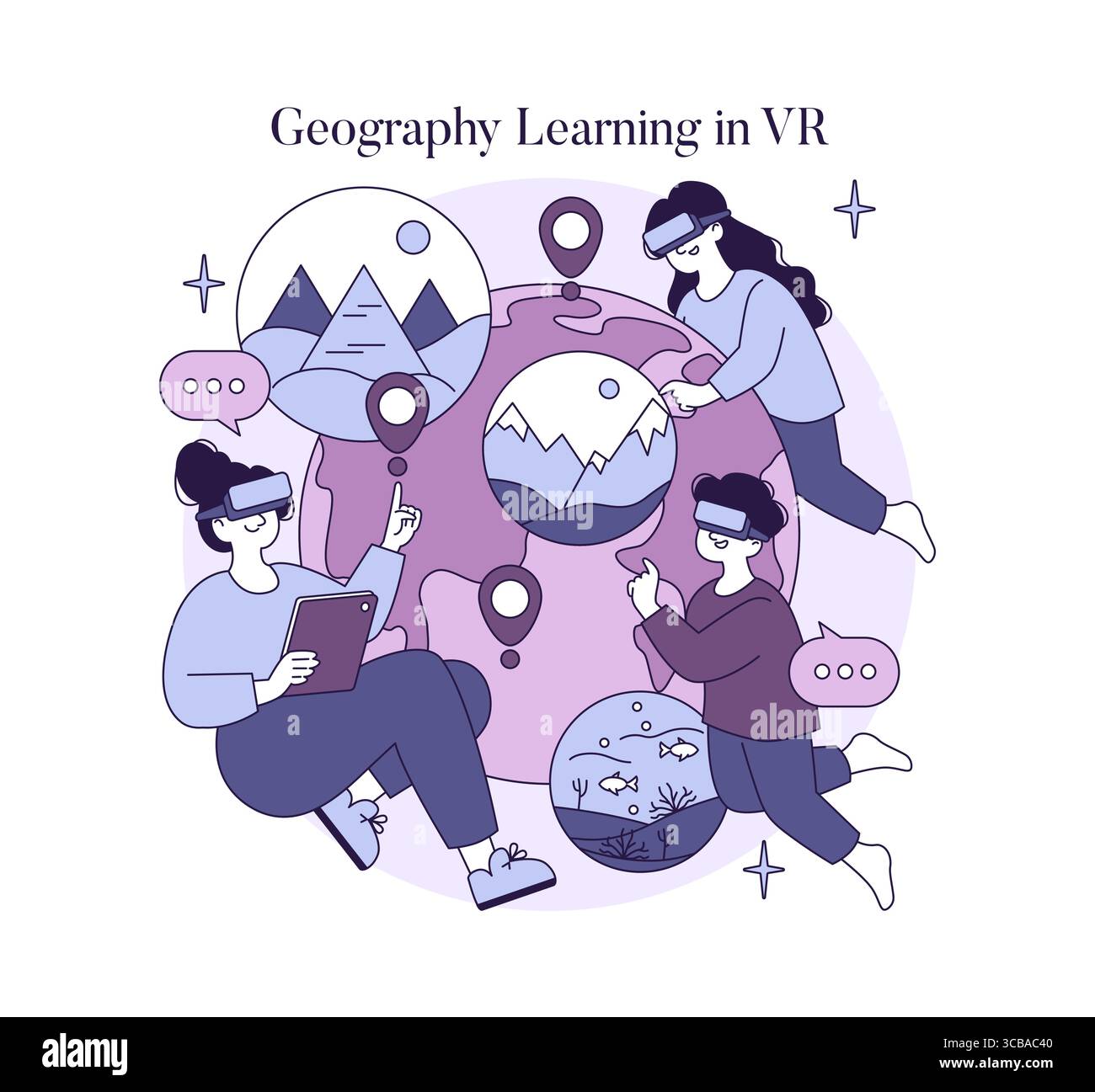 Vector illustration showing people using VR headsets to explore ...