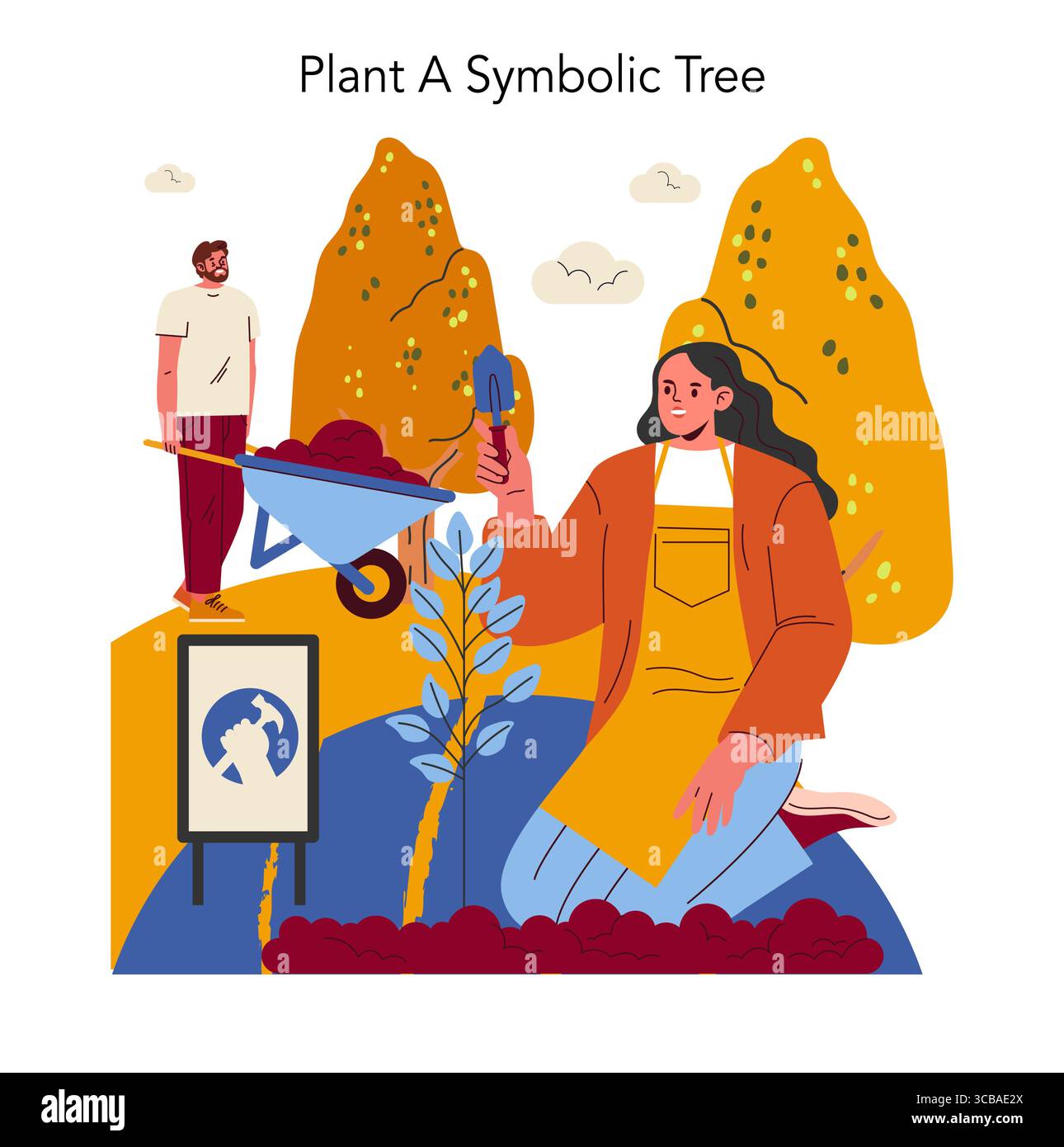 Planting a symbolic tree illustration shows a woman and man engaging in ...