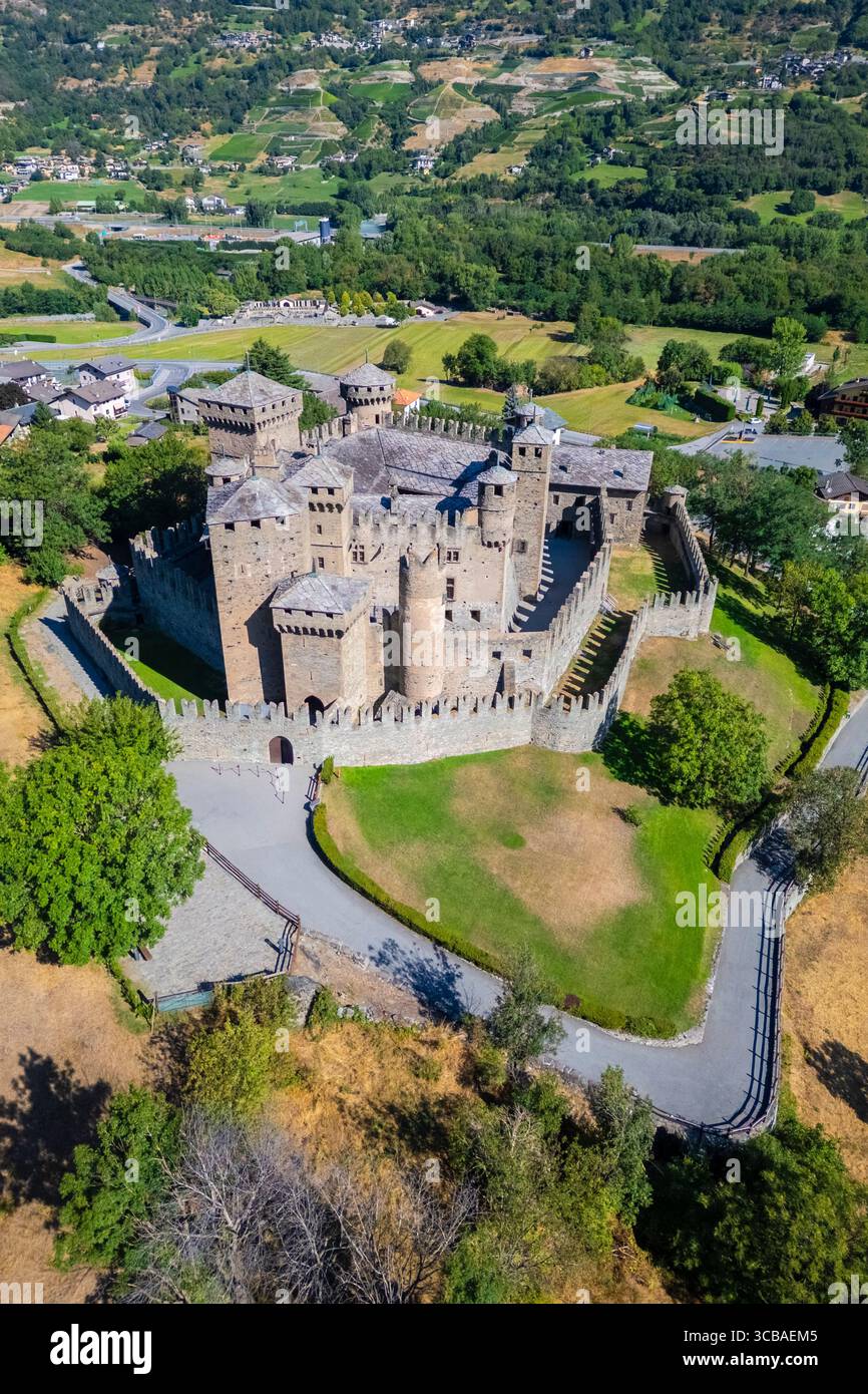 Aerial view of the medieval Fenis castle in summer. Fenis, Aosta Valley, Italy. Stock Photo