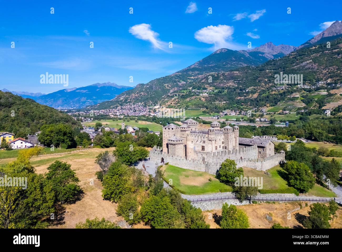 Aerial view of the medieval Fenis castle in summer. Fenis, Aosta Valley, Italy. Stock Photo