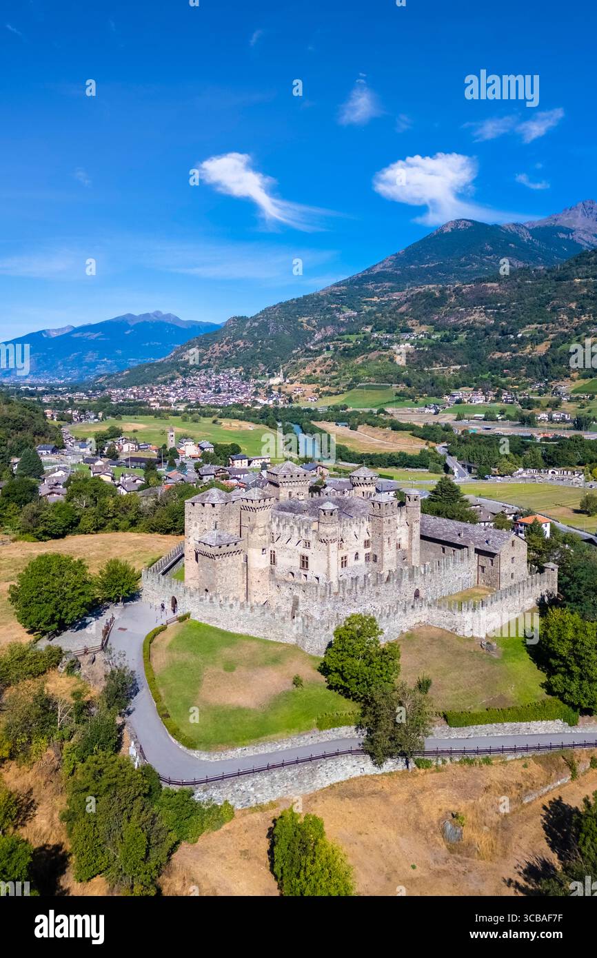 Aerial view of the medieval Fenis castle in summer. Fenis, Aosta Valley, Italy. Stock Photo
