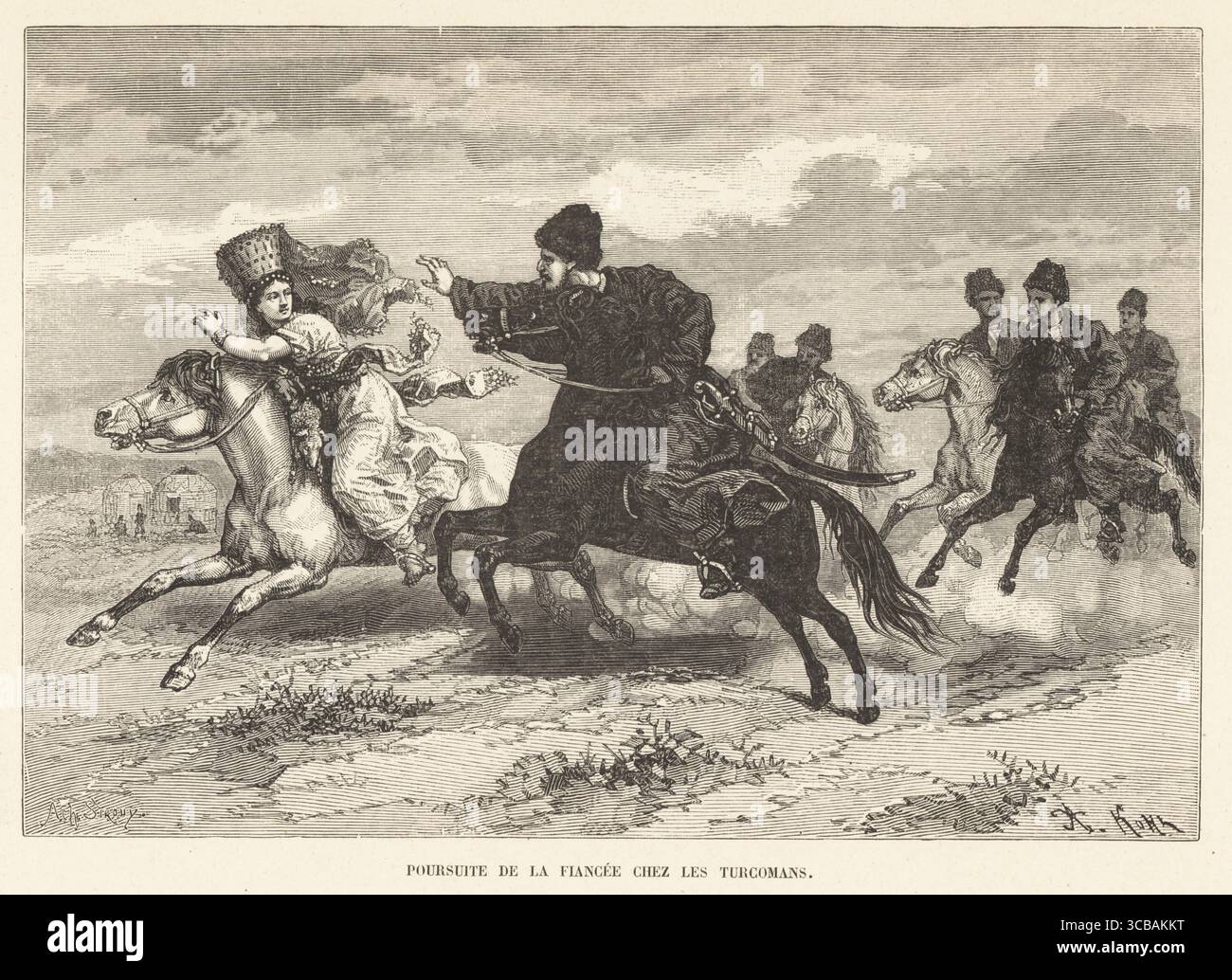 Bride kidnapping among the Turkmens, 19th century. The groom and a group of young men on horseback pursue a young woman with a lamb on her saddle. Poursuite de la fiancee chez les Turcomans. Woodcut after an illustration by Achille-Louis-Joseph Sirouy from Charles Delon's Les Peuples de la terre, Peoples of the Earth, Paris, 1890. Stock Photo