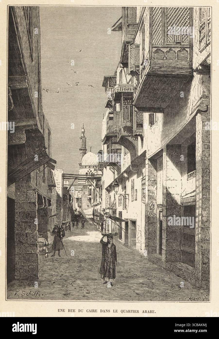 A street in the Old Town or Arab quarter in Cairo, Egypt. A woman with basket on her head walks along the road between stores, cafe, balconies. A mosque dome and minaret can be seen at the end of the road. Une rue du Caire dans le quartier arabe. Woodcut by T. Hildibrand after an illustration by E. Schiffer from Charles Delon's Les Peuples de la terre, Peoples of the Earth, Paris, 1890. Stock Photo