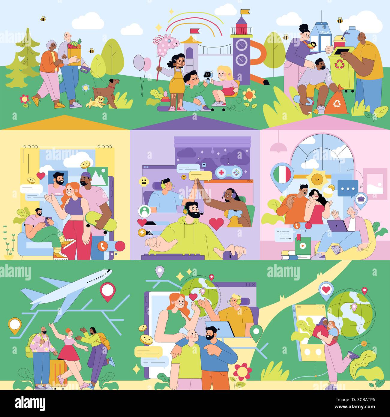 Vector illustration depicting diverse groups of people engaging in outdoor activities, digital communication, and collaborative work. Emphasizes community interaction, teamwork, and global connectivity. Stock Vector