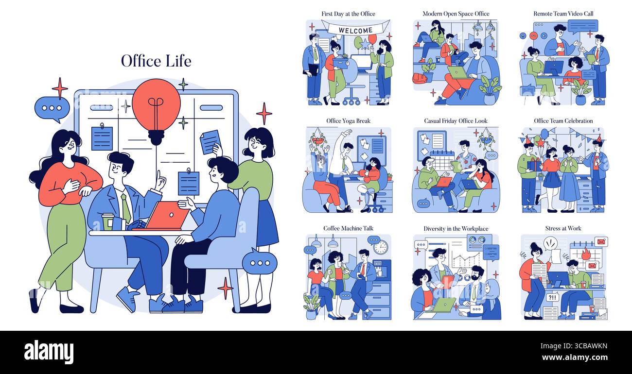 Vector illustration depicting various office life scenarios, focusing on teamwork, relaxation, and diverse work environments. Scenes include meetings, coffee breaks, and team celebrations. Stock Vector