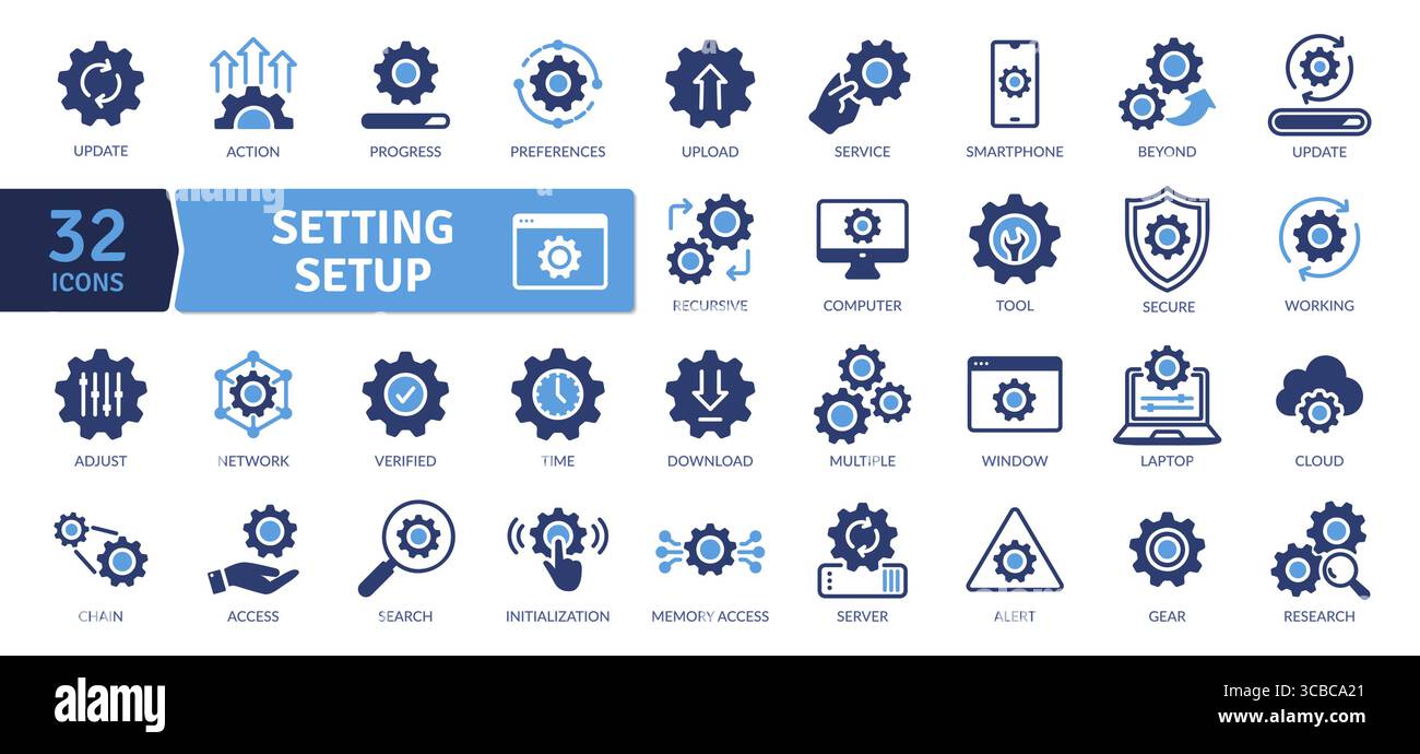 Setting icon set. Containing universal symbol for settings. Solid icon collection. Vector Illustration. Stock Vector