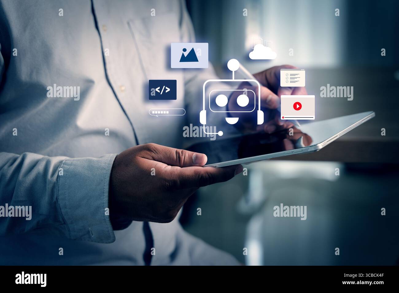 AI chatbot concept displayed with virtual assistant icons floating above a tablet as a person interacts with digital content and automation tools in a Stock Photo