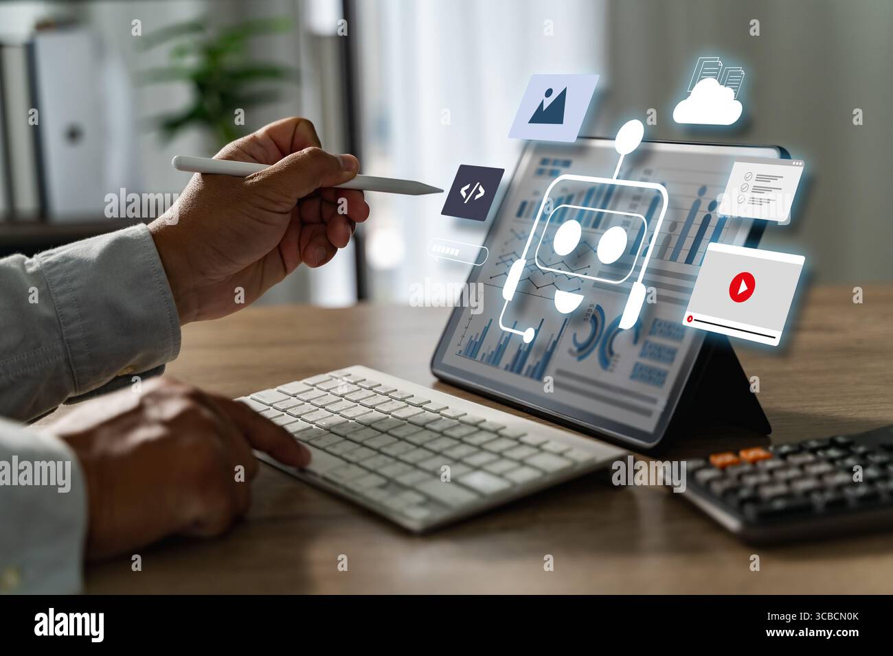 AI-powered web person working tablet with digital icons and graphs, representing artificial intelligence and data analysis, modern office setting Stock Photo