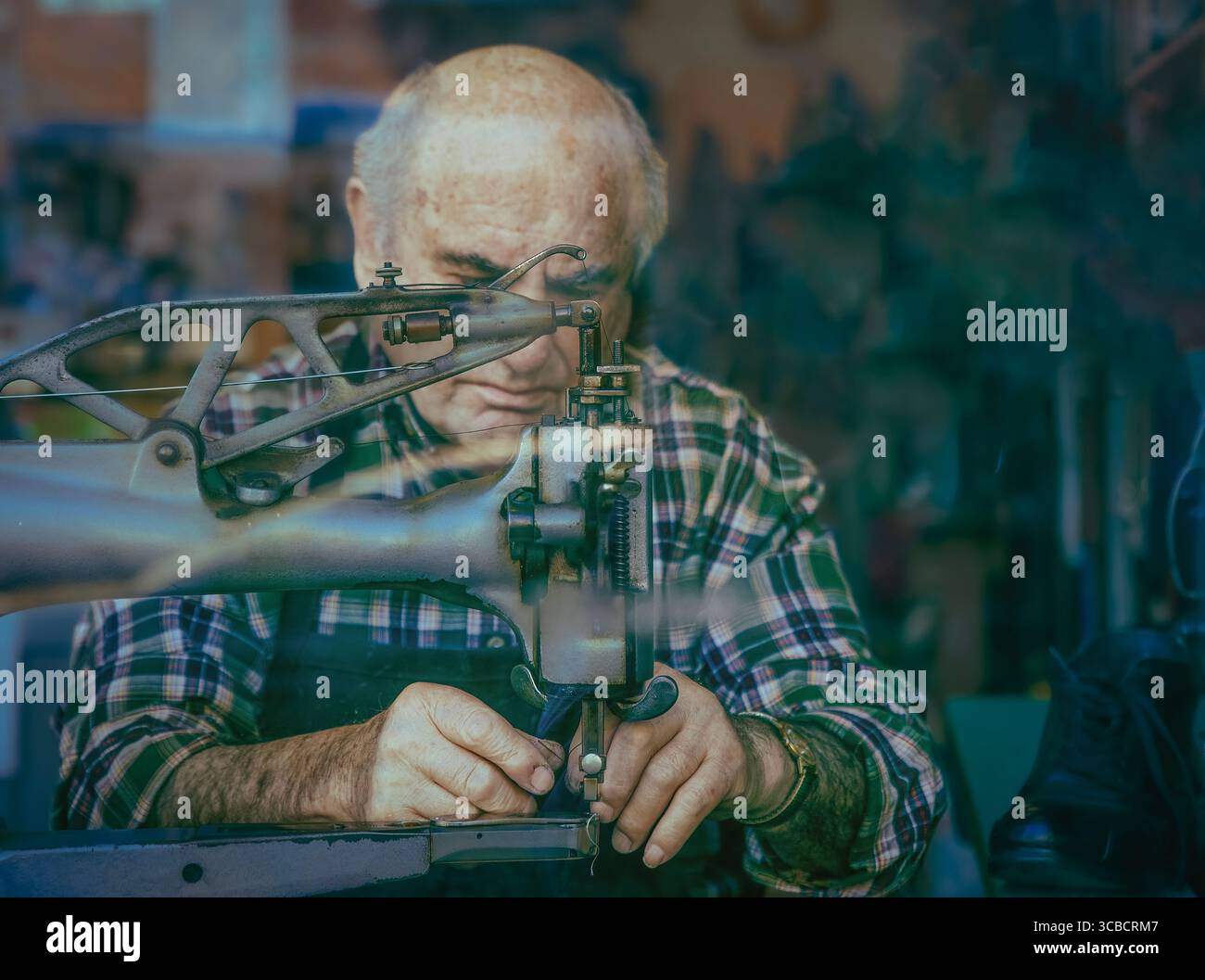 Elderly shoemaker at sewing machine in Cambridge workshop Stock Photo