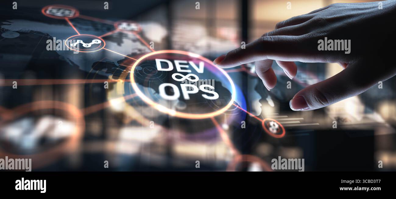 DevOps Development and Operations Integration for Efficient Delivery, projection on a virtual screen, Business and Technology Concept. Stock Photo