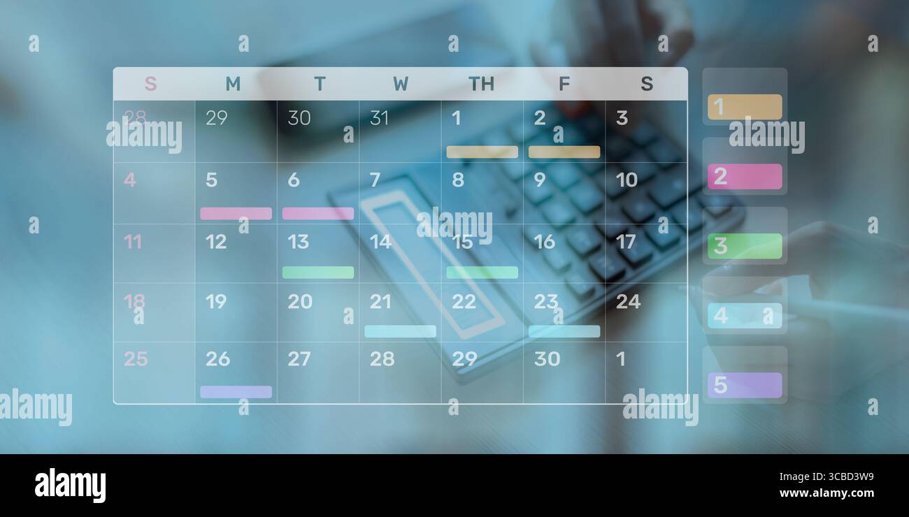Project Management and Schedule Planning Displayed on a Digital Calendar Interface. Stock Photo