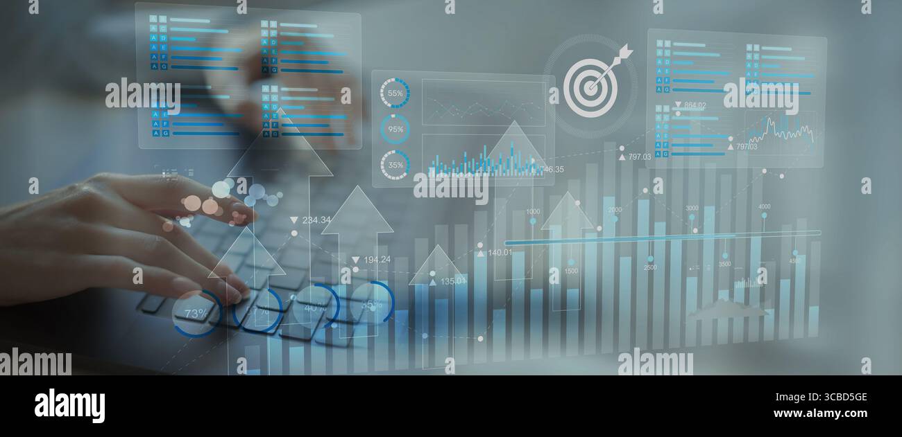 Business Data Analytics and KPI Performance Tracking Dashboard on Digital Tablet Interface. Stock Photo