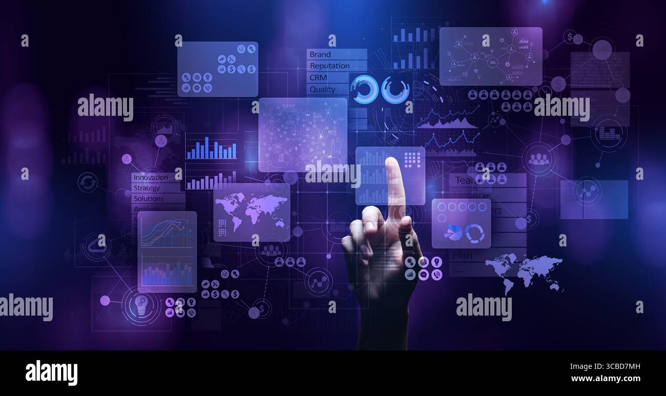 Business intelligence analyst dashboard on virtual screen. Big data Graphs Charts. Stock Photo