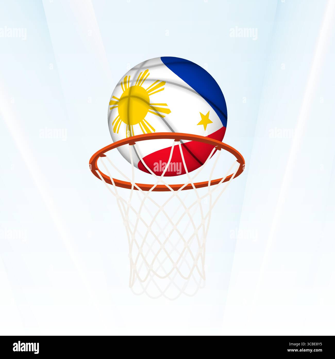 Vector illustration of a basketball styled with the national flag of Philippines, captured in the moment of scoring through a hoop. Perfect for sports Stock Vector