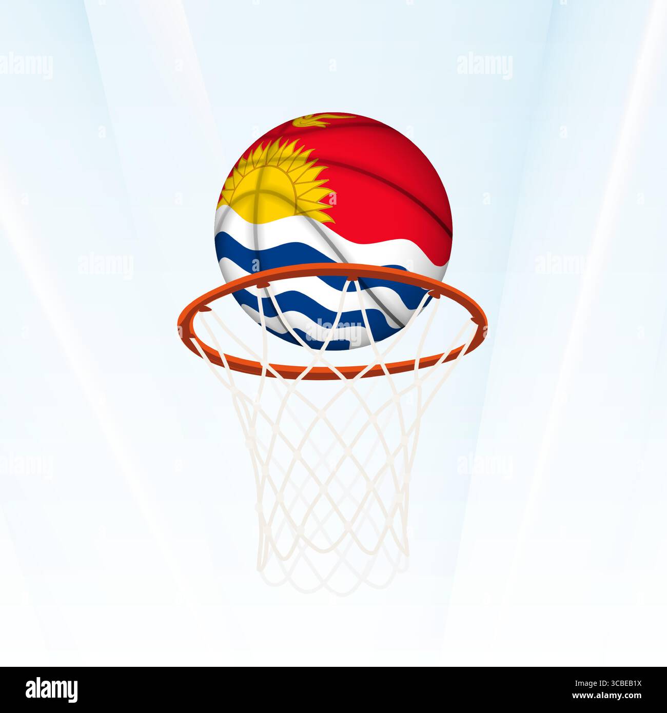 Vector illustration of a basketball styled with the national flag of Kiribati, captured in the moment of scoring through a hoop. Perfect for sports to Stock Vector