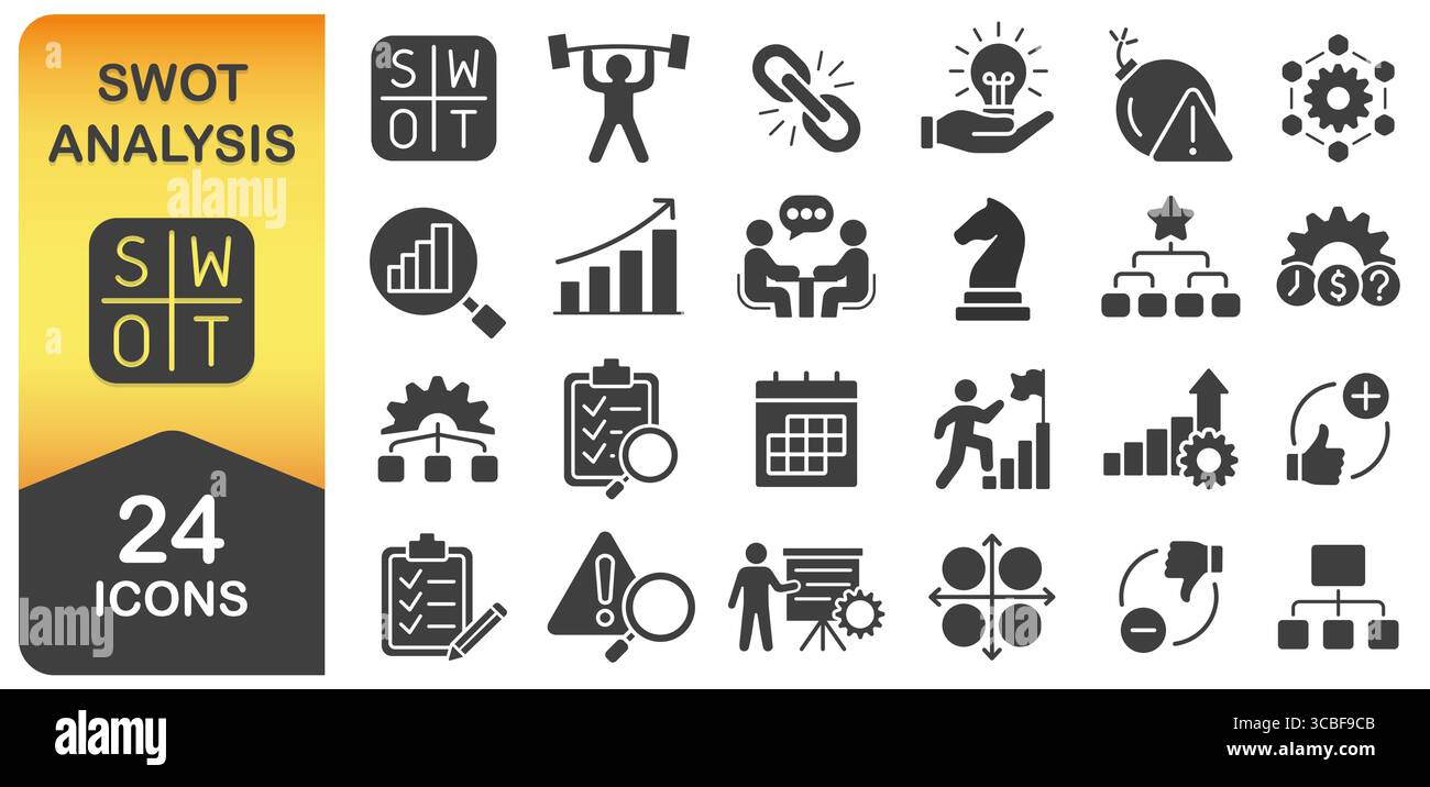 SWOT Analysis Icon Set. Strengths, Weaknesses, Opportunities, and Threats. Business Presentations, Planning, Strategy, Infographics Icons Collection. Stock Vector