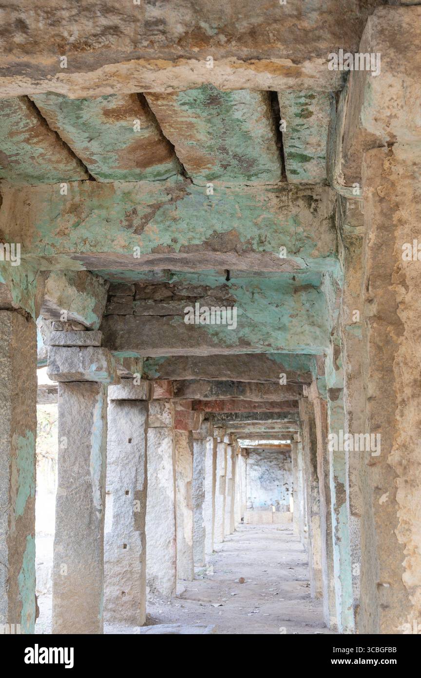 Textured doorway, brick wall, ancient ruin in Hampi, structure, grunge, rustic entrance to historic stone house, Vijayanagara Empire India Stock Photo