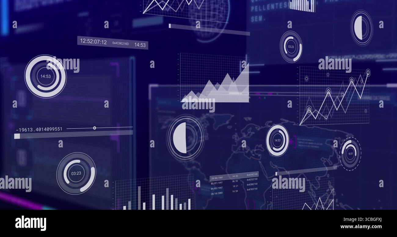 Displaying analytics interface streaming data in digital dashboard, with gauges and world map. Futuristic, technology, interface, visualization, data, Stock Photo