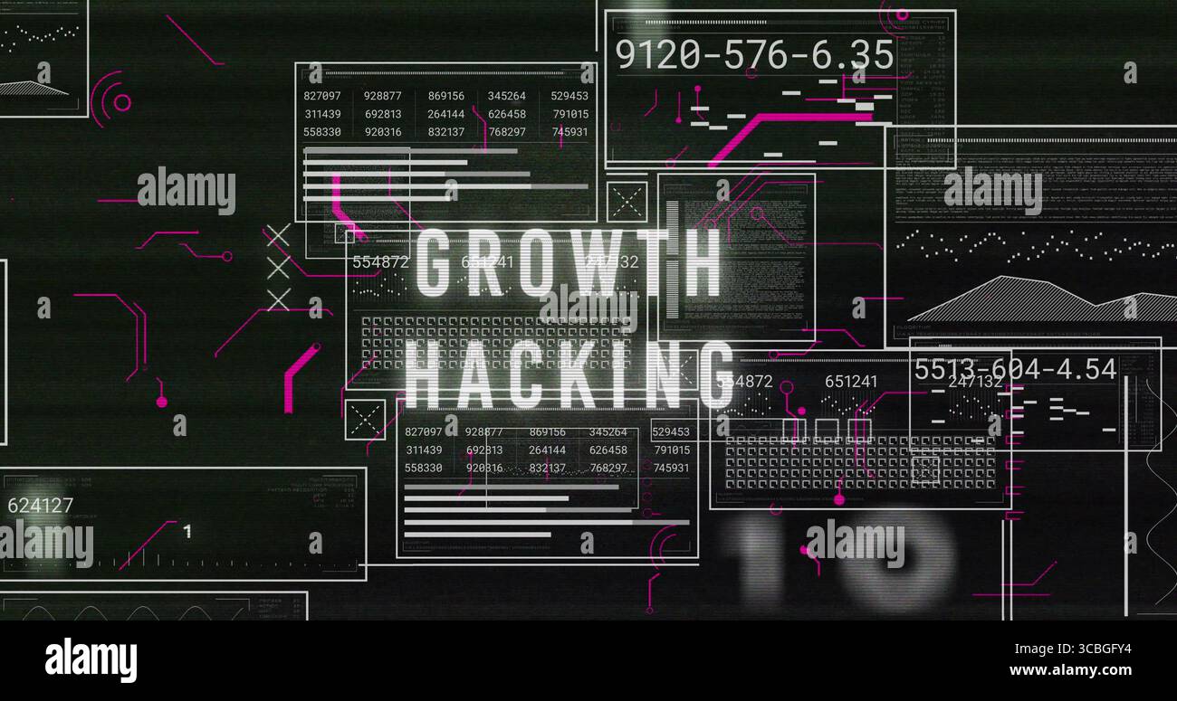 Displaying bold GROWTH HACKING text in digital interface, with translucent panels and neon circuits. Technology, innovation, digital, data visualizati Stock Photo