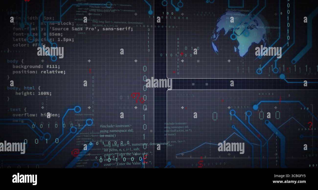 Streaming code and binary digits across central UI panel on software dashboard, with circuit traces. Technology, cybersecurity, data visualization, di Stock Photo