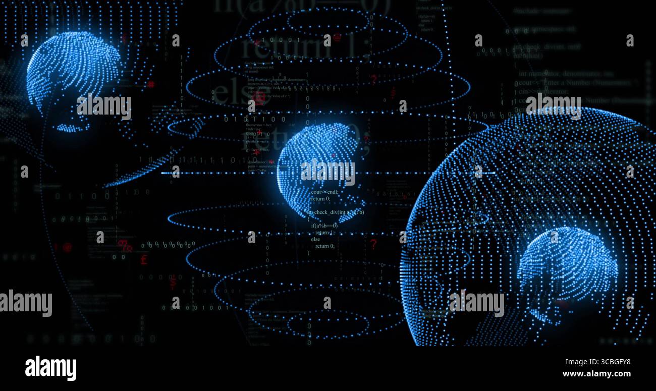 Floating blue point-cloud globe rotating on right in digital network, with binary code, copy space. Digital, futuristic, technology, connectivity, cyb Stock Photo