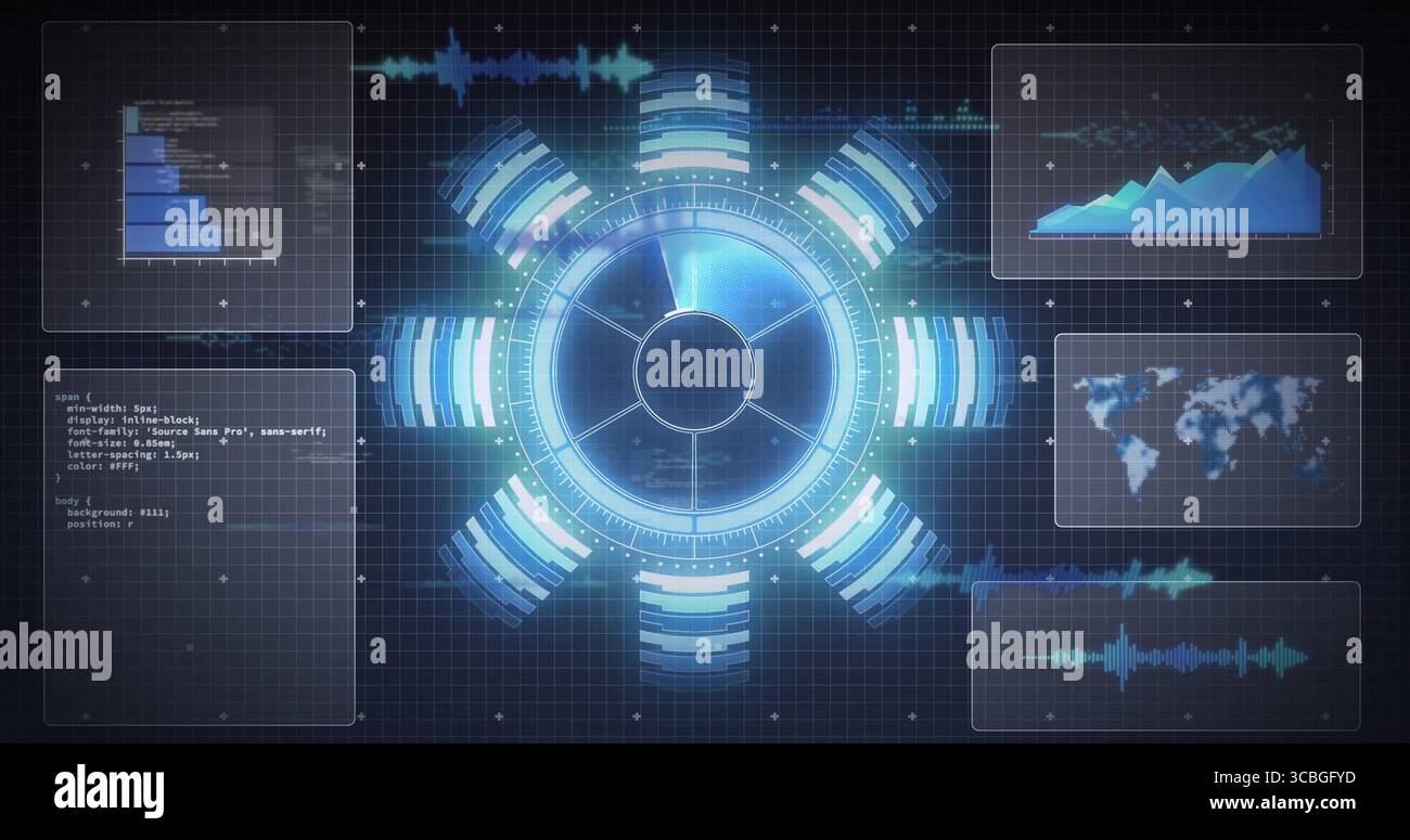 Showing central holographic display rotating in digital interface, with data panels and grid. Futuristic, visualization, technology, immersive, data a Stock Photo
