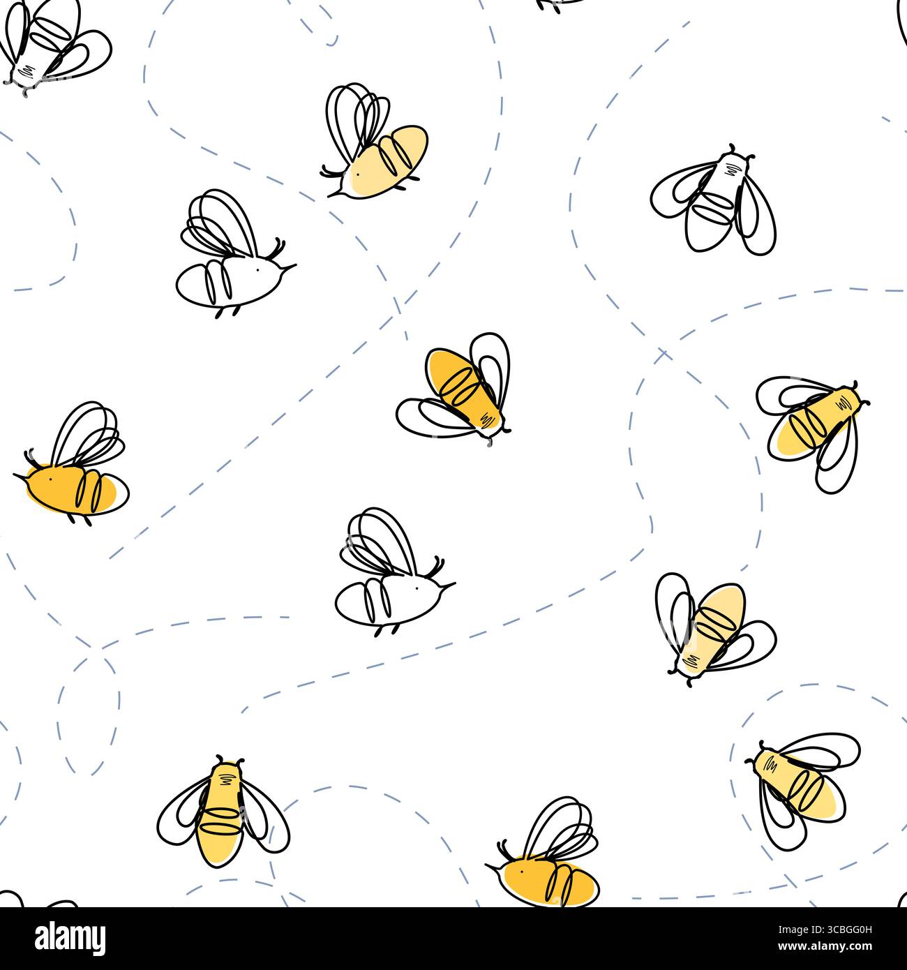 Linear cartoon bees and their tracks seamless pattern. Vector background illustration. Stock Vector