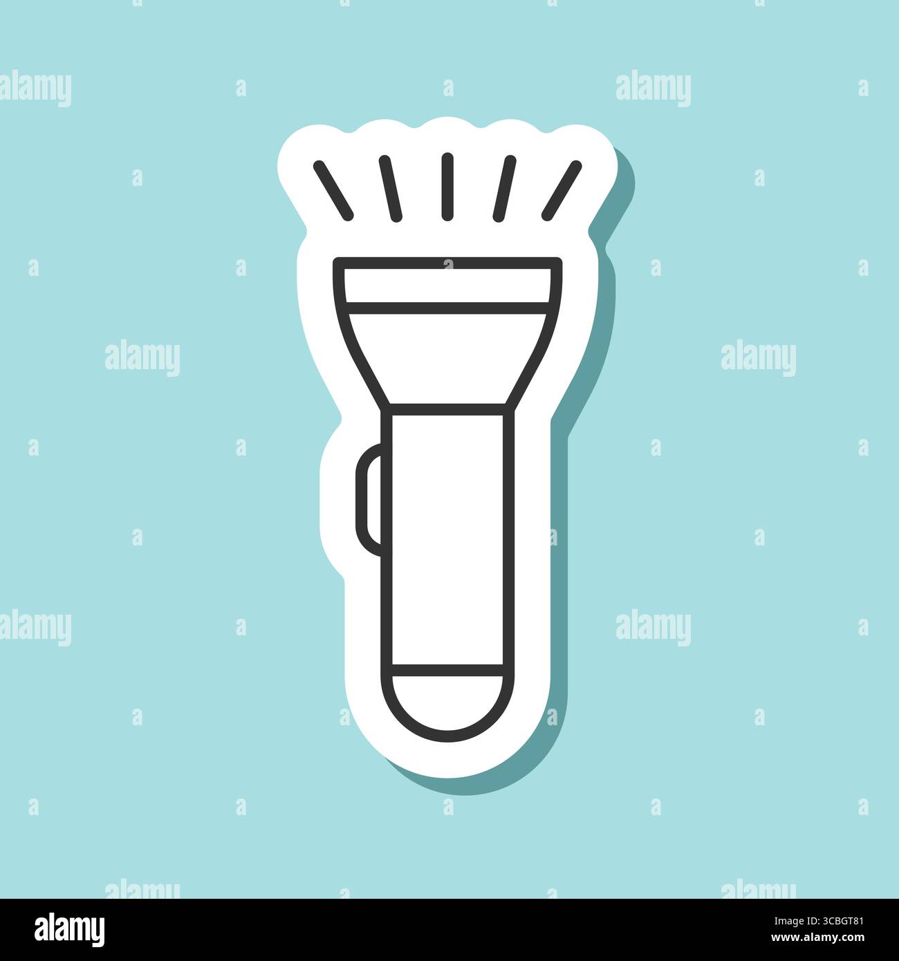 Flashlight sticker icon in line flat style. Electric lamp vector illustration on isolated background. Pocket lantern sign business concept. Stock Vector