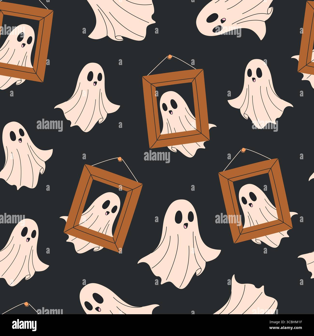 Halloween seamless pattern with ghosts and frames. Stock Vector
